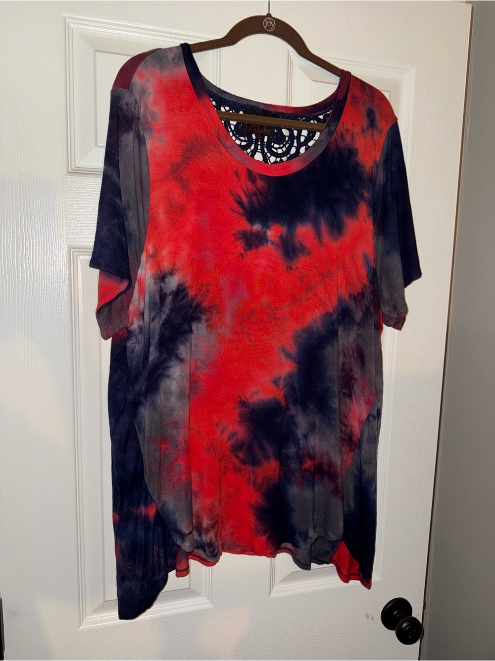 TFench Blue Tie-Dye Short Sleeve Scoop Neck Top - Red & Blue